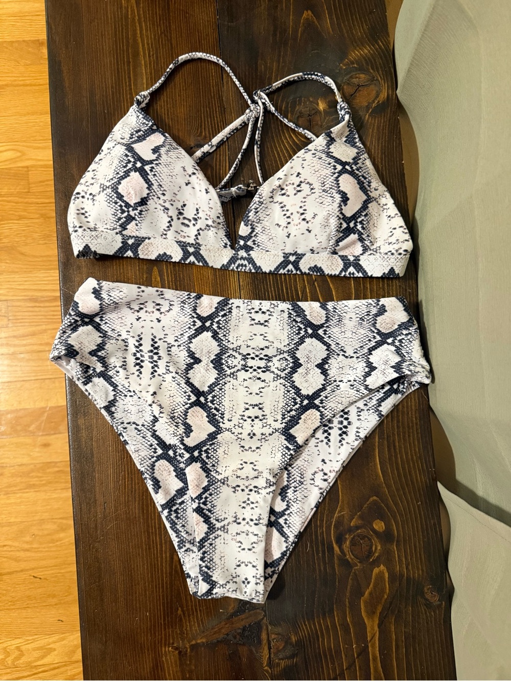 High-Rise Snake Print Two-Piece Bikini - White/Navy